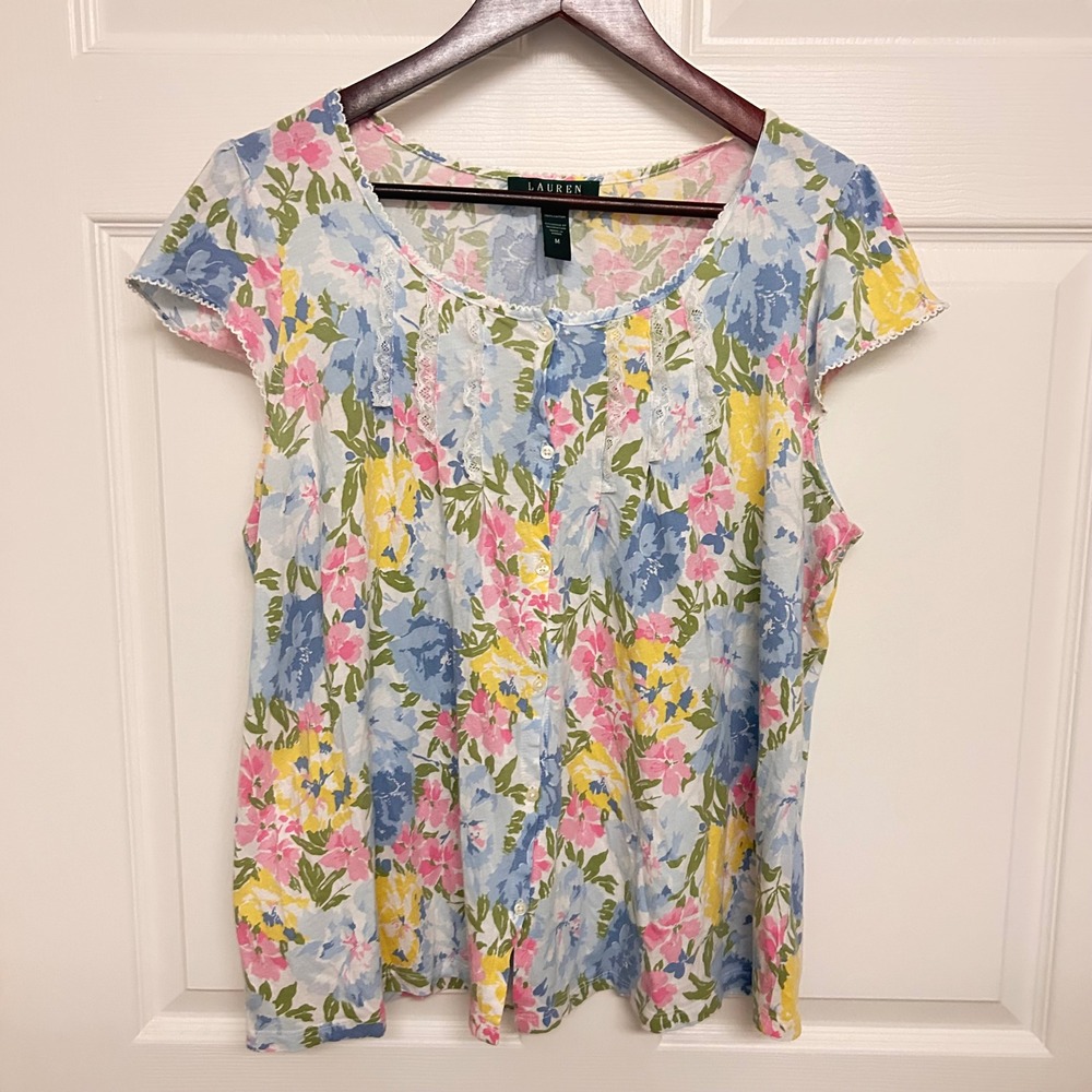 Lauren Ralph Lauren Floral Cotton Pajama Top Lace Trim Size M Grannycore